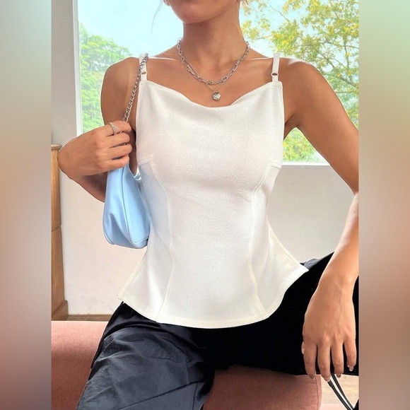 Elegant White Women's Top Backless Draped Collar Cami Top adjustable - Picture 4 of 10